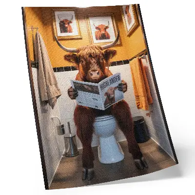 Poster mit Motiv von Büffel auf Toilette in orangefarbenen Wänden