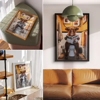 Poster mit Motiv von Büffel auf Toilette in orangefarbenen Wänden