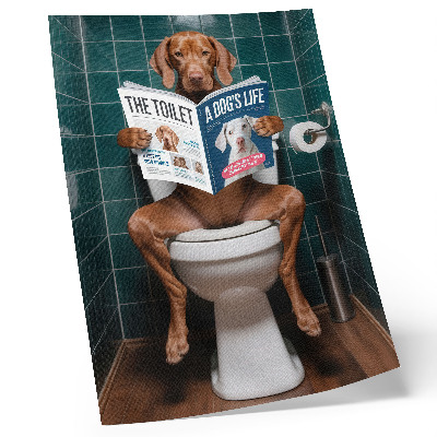 Kunstdruck leinwand Hund auf Toilette mit grünem Fliesenmagazin