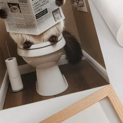 Wandposter Katze vor einer beigen Zeitungswand mit humorvoller und warmer Ausstrahlung