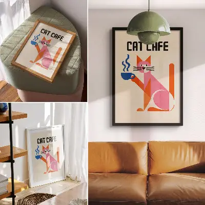 Kunstdruck auf Leinwand mit kreativem Retro-Kaffeemotiv und Katze
