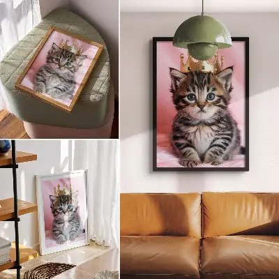 Kunstdruck auf Leinwand Kätzchen mit Krone, rosa Hintergrund und blauen Augen als Dekoration