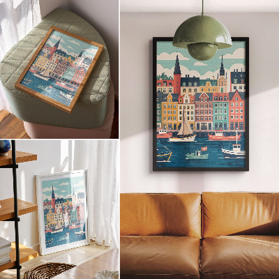Poster Bunte Mietshäuser am Wasser, Charme und Harmonie
