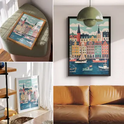 Poster Bunte Mietshäuser am Wasser in Charme und Harmonie