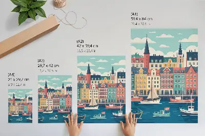 Poster Bunte Mietshäuser am Wasser in Charme und Harmonie