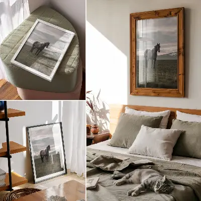 Kunstdruck auf Leinwand Pferd auf der Wiese bei bewölktem Morgenhimmel in harmonischer Natur