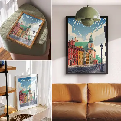 Poster bunte Mietshäuser vor blauem Himmel mit architektonischem Motiv