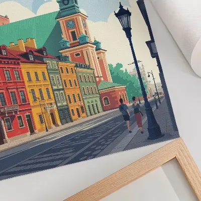Poster bunte Mietshäuser vor blauem Himmel mit architektonischem Motiv