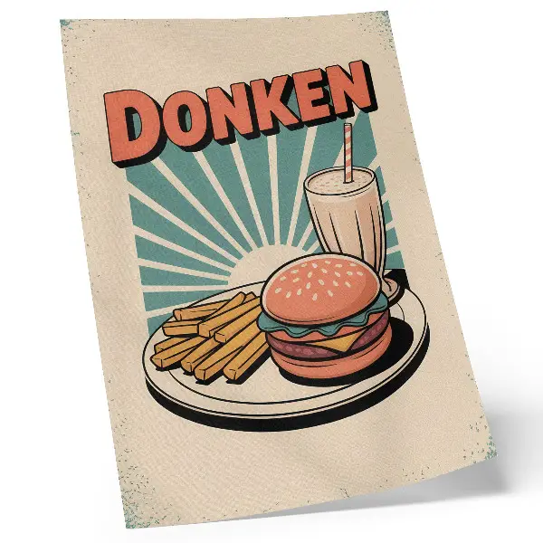 Wandposter mit Burger und Pommes vor Retro-Hintergrund