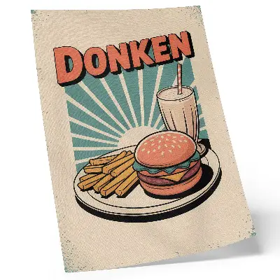 Wandposter mit Burger und Pommes vor Retro-Hintergrund