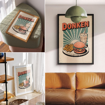 Wandposter Burger und Pommes vor Retro-Hintergrund