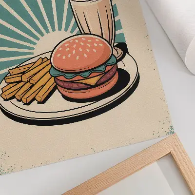 Wandposter mit Burger und Pommes vor Retro-Hintergrund