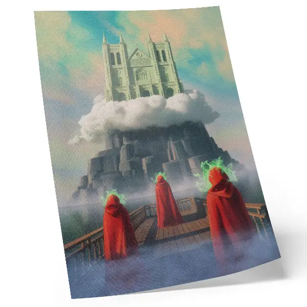 Kunstdruck auf Leinwand Schloss in den Wolken mit Figuren in Mänteln im surrealistischen Stil