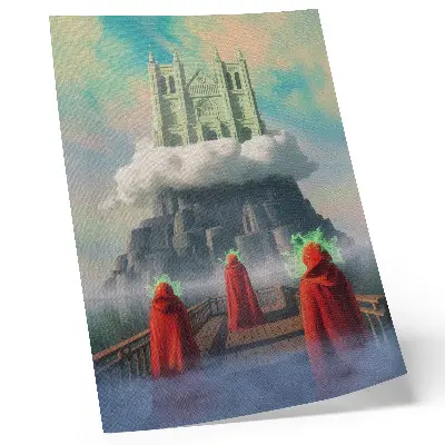 Kunstdruck auf Leinwand Schloss in den Wolken mit Figuren in Mänteln im surrealistischen Stil