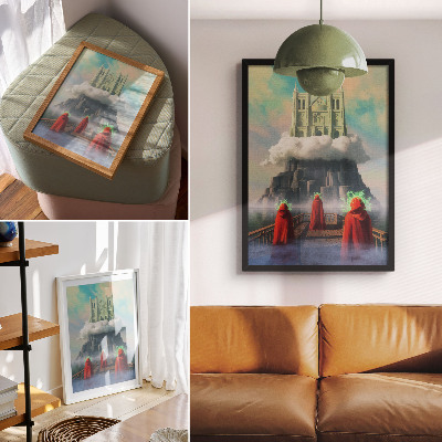 Kunstdruck leinwand Schloss in den Wolken, Figuren in Mänteln, Surrealismus