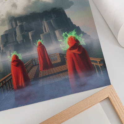 Kunstdruck leinwand Schloss in den Wolken, Figuren in Mänteln, Surrealismus
