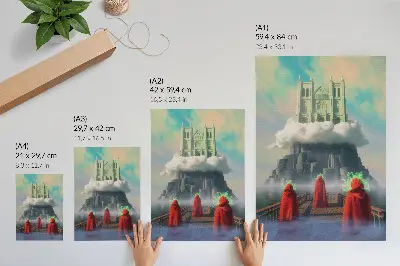 Kunstdruck auf Leinwand Schloss in den Wolken mit Figuren in Mänteln im surrealistischen Stil