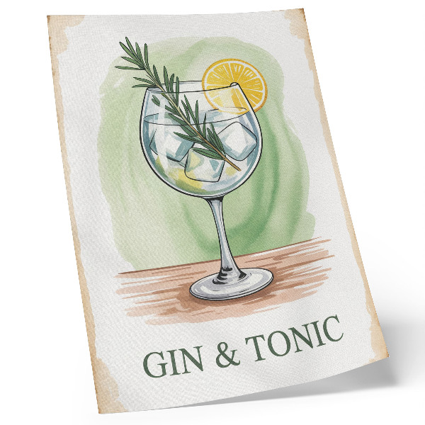 Wandposter Ein Glas Gin mit Rosmarin und Zitrone auf grünem Hintergrund