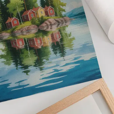Leinwand-Kunstdruck malerische Insel mit Häusern und Bäumen am ruhigen Wasser