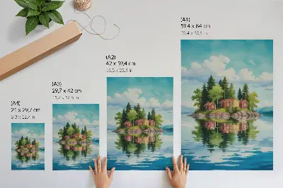 Leinwand-Kunstdruck malerische Insel mit Häusern und Bäumen am ruhigen Wasser