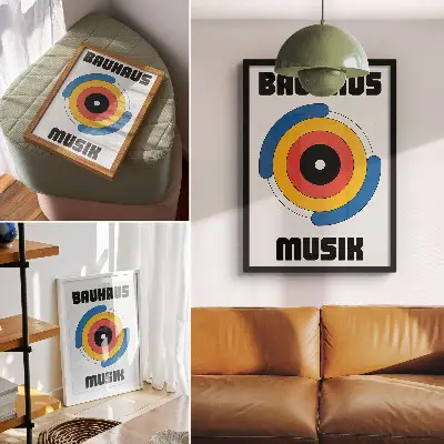 Wandposter im Bauhaus-Stil mit Kreisen und kräftigen Farben für moderne Räume