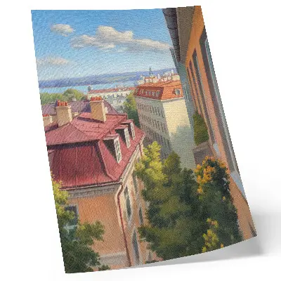 Poster üppige Bäume, rote Ziegel und blauer Himmel