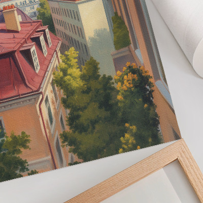 Poster Üppige Bäume, rote Ziegel, blauer Himmel