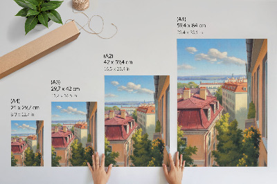 Poster Üppige Bäume, rote Ziegel, blauer Himmel
