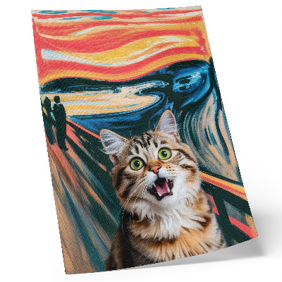Poster Eine Katze vor dem Hintergrund eines farbenfrohen, abstrakten Gemäldes.