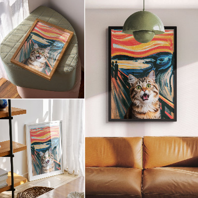 Poster Eine Katze vor dem Hintergrund eines farbenfrohen, abstrakten Gemäldes.