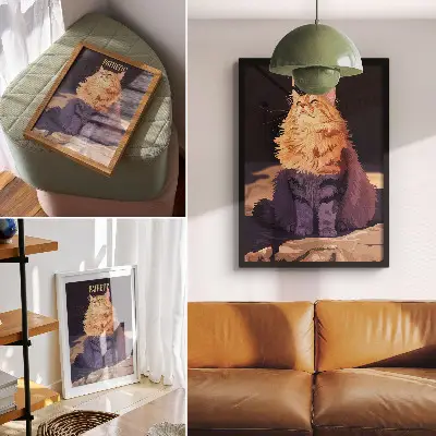 Poster Katze in Orange Grau und Beige