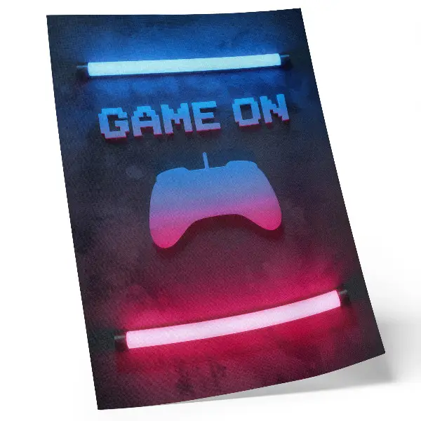 Kunstdruck auf Leinwand mit Motiv der Dynamik von Neon-Pixel-Beschriftung auf dem Spielpad