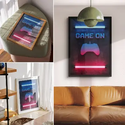 Kunstdruck auf Leinwand mit Motiv der Dynamik von Neon-Pixel-Beschriftung auf dem Spielpad