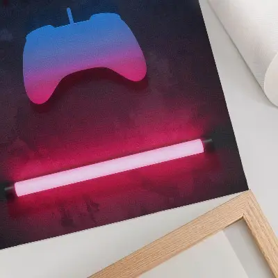 Kunstdruck auf Leinwand mit Motiv der Dynamik von Neon-Pixel-Beschriftung auf dem Spielpad
