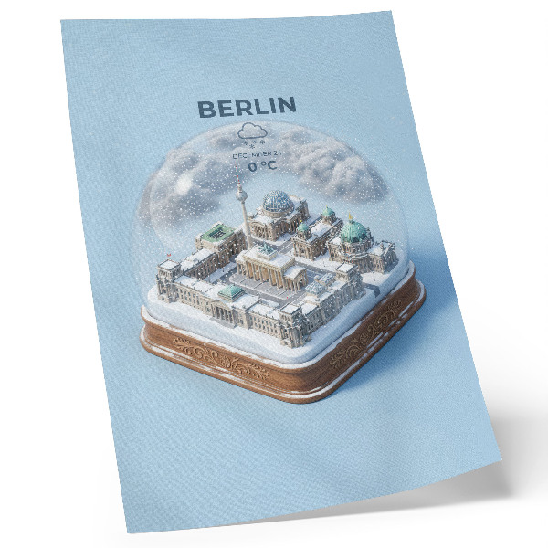 Wandposter Eine Miniaturstadt in einer gläsernen Schneekugel