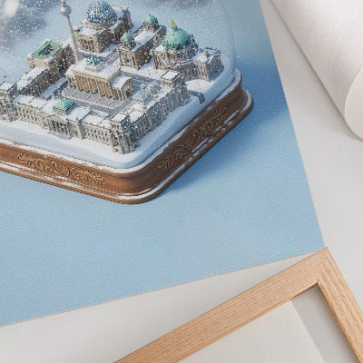 Wandposter Eine Miniaturstadt in einer gläsernen Schneekugel