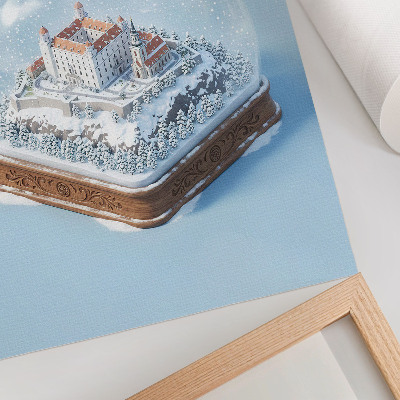 Poster Winterkugel mit Schloss und Schnee (Illustrationsstil)