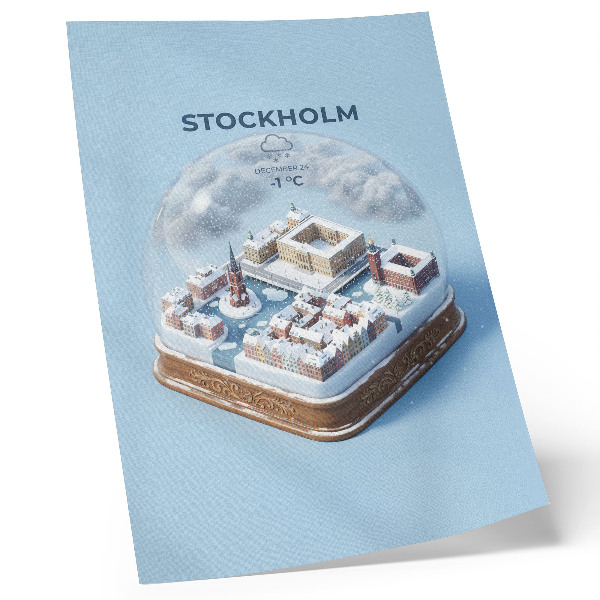 Wandposter Stockholm in einer Kugel, moderne Architektur, Winterklima