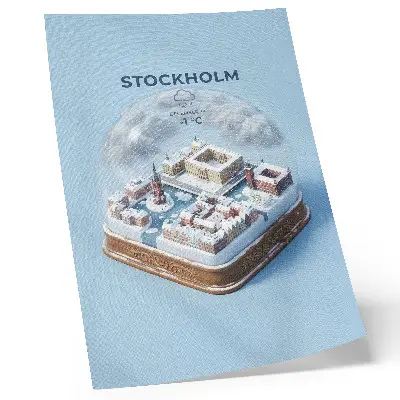 Wandposter Stockholm in einer Kugel mit moderner Architektur bei Winterklima