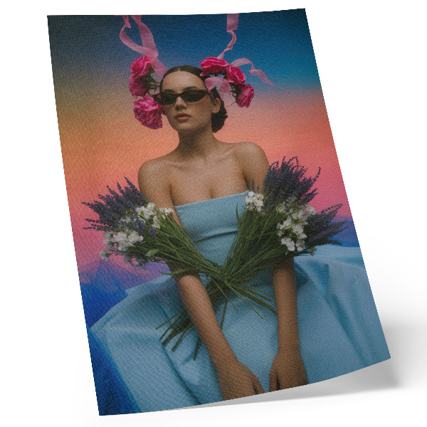 Kunstdruck leinwand Frau mit Blumen vor dem Hintergrund eines Sonnenuntergangs