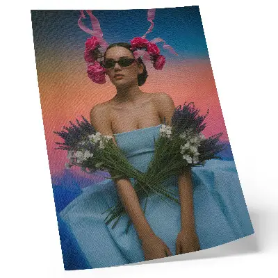 Kunstdruck auf Leinwand Frau mit Blumen vor einem Sonnenuntergang