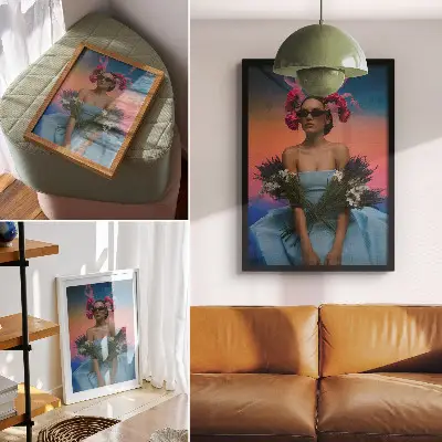 Kunstdruck auf Leinwand Frau mit Blumen vor einem Sonnenuntergang
