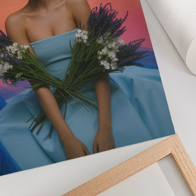 Kunstdruck leinwand Frau mit Blumen vor dem Hintergrund eines Sonnenuntergangs