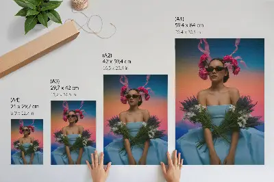 Kunstdruck auf Leinwand Frau mit Blumen vor einem Sonnenuntergang