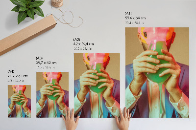 Kunstdruck leinwand Eine farbenfrohe Maske in den Händen einer surrealen Figur