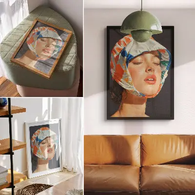 Wandposter mit einer Kopfbedeckung im realistischen Stil in kontrastreichen modernen Farben