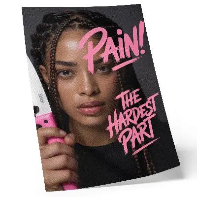 Poster Gesicht mit pinkfarbener Schrift in dynamischer Atmosphäre