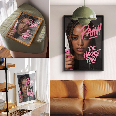 Poster Gesicht mit pinkfarbener Schrift, dynamische Atmosphäre
