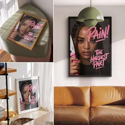 Poster Gesicht mit pinkfarbener Schrift in dynamischer Atmosphäre
