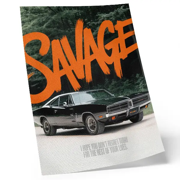 Kunstdruck auf Leinwand klassisches Auto mit orangefarbenen Schriftzügen im Naturmotiv